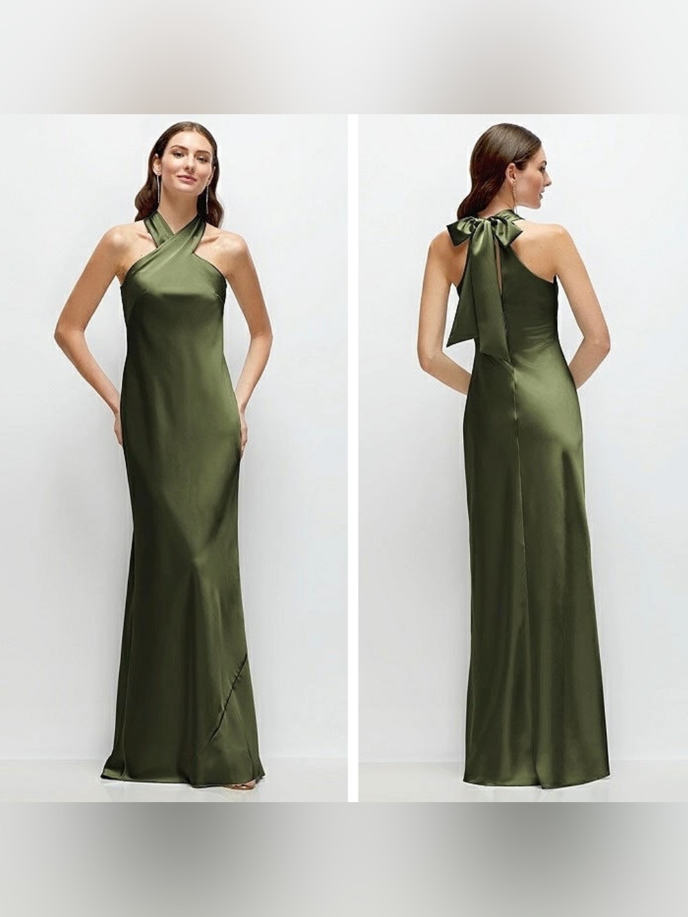 NWT Dessy Pleated Halter Bias Satin Dress, Self-Tie Bow Back, Olive Green, XL-A